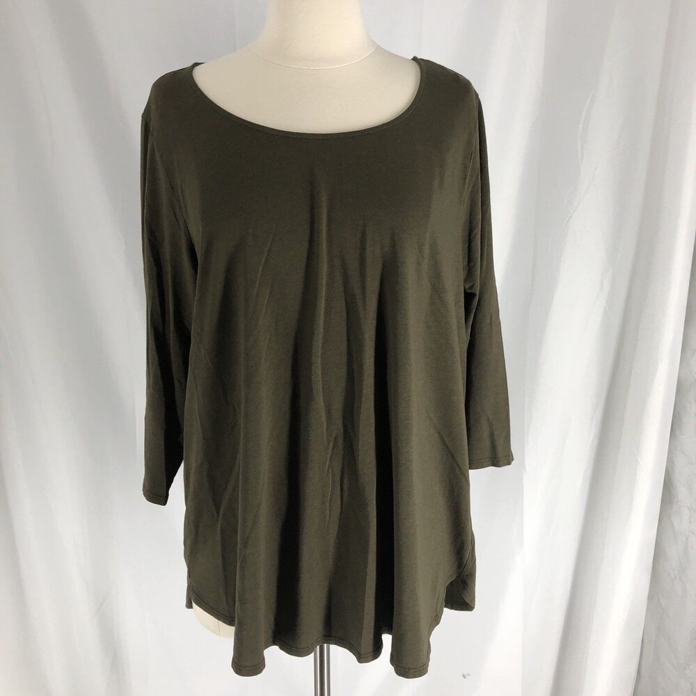 T Tahari Women's 3/4 Sleeve Sharkbite Tunic Top, Size 2X Olive Green